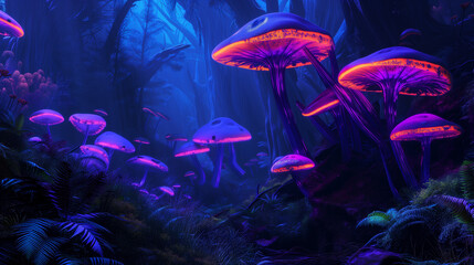 Fototapeta na wymiar Mushroom jungle with neon light glow