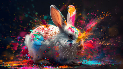 Easter Bunny On Colorful Splashes, Diwali, Religious Animal, National Animal, Generative Ai