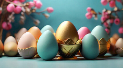 golden Easter background with golden east lining on the  eggs with pretty colorful embedded lining  on the  egg with colorful golden lines nag shinning nit surface   - obrazy, fototapety, plakaty