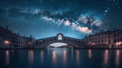 Fototapeta na wymiar Nighttime Odyssey, Dramatic Long Exposure Capture of a Modern Bridge, With Reflective Waters Below, Enveloped by Clouds and the Milky Way Galaxy Above.