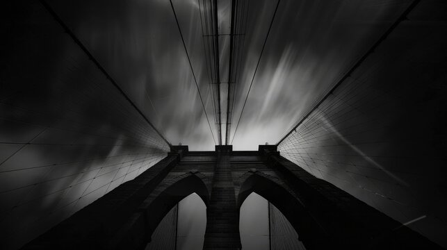A Dramatic Black and White Shot of a Modern Bridge Against a Backdrop of Clouds, Enshrouded in Nighttime Mystique