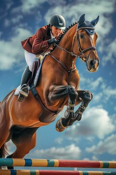 Professional Photography of a Horse and Rider Jumping Over a Series of Colorful Show Jumps, Generative AI