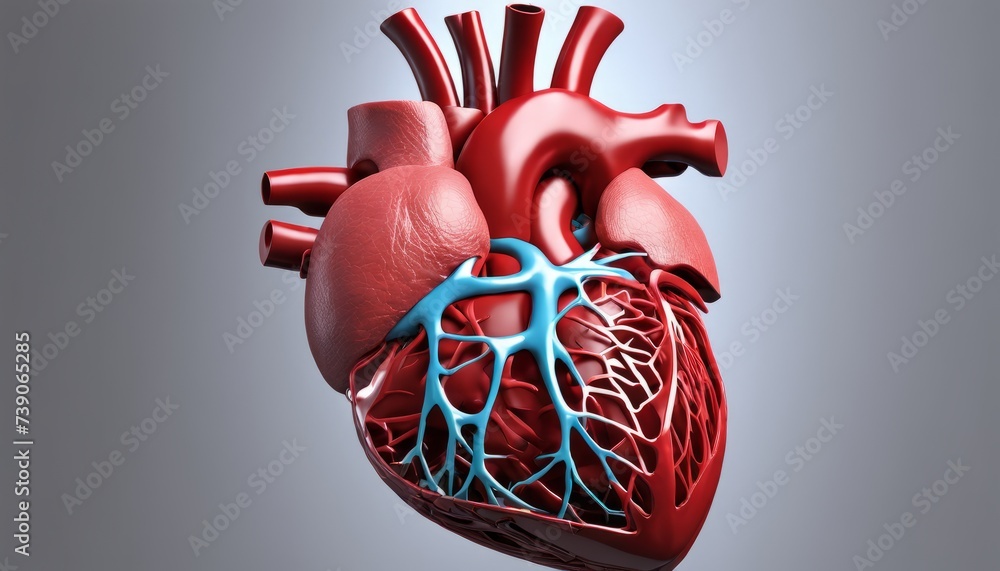 Poster a 3d rendering of a human heart with a focus on its intricate structure