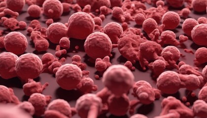  A close-up view of a cluster of red cells or bacteria