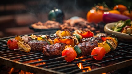 Grilled meat and vegetables sizzling on the barbecue.