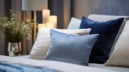 Image of a bedroom adorned with decorative blue pillows.