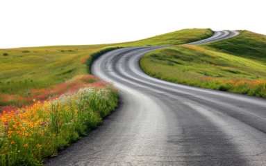 Asphalt road among the green hills isolated on transparent background
