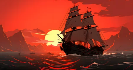 Fotobehang an old fashioned sailing ship sailing at sunset © Lucas