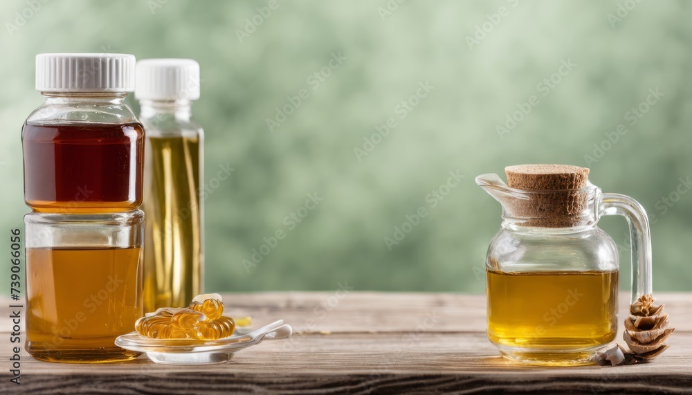 Poster  Crafting a blend - Essential oils and honey on a rustic table