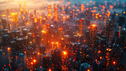 A stunning, high-angle view of a futuristic cityscape bathed in warm glowing lights and shrouded in a soft mist, evoking a sense of urban vibrancy and technological advancement.
