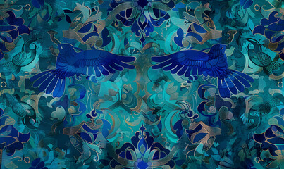 Fototapeta na wymiar moroccan inspired Floral wallpaper with birds, dark blue and teal colors, watercolor illustration 
