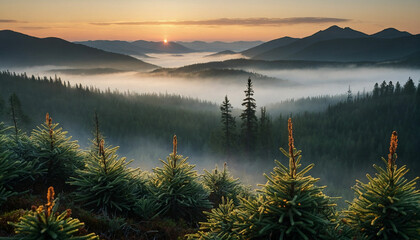 A spruce landscape zoom in on the dew kissed needles, each glistening in the soft light, while distant peaks fade into a dreamy mist and let the viewer feel the crispness of the air and the quiet anti - obrazy, fototapety, plakaty