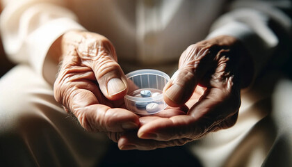 A close-up view of an elderly man's hands carefully holding a small plastic cup containing medication pills