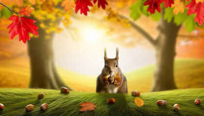 A squirrel sits center frame on a grassy knoll, surrounded by colorful fallen leaves