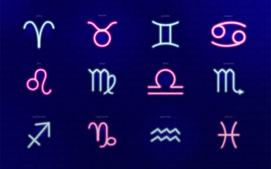 Neon light line illustration of the zodiac signs including gemini, scorpio, virgo and aries. Can be used for website, poster, flyer, brochure, ads, promo