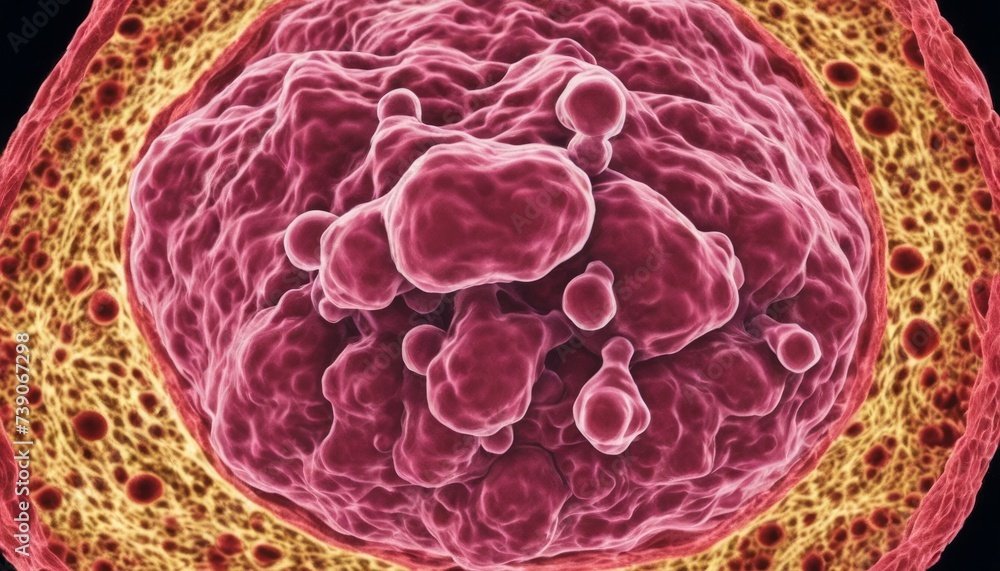 Poster a close-up view of a cell's nucleus, revealing its intricate structure