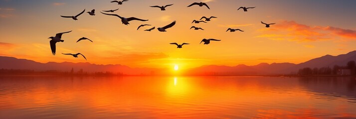 Image of a sunrise with a flying flock of birds.