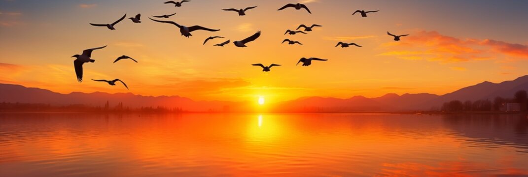 Image of a sunrise with a flying flock of birds.