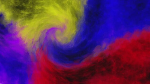 HD seamless looping animation of abstract colorful background with swirl motif and red, blue, purple, yellow color and black splashes