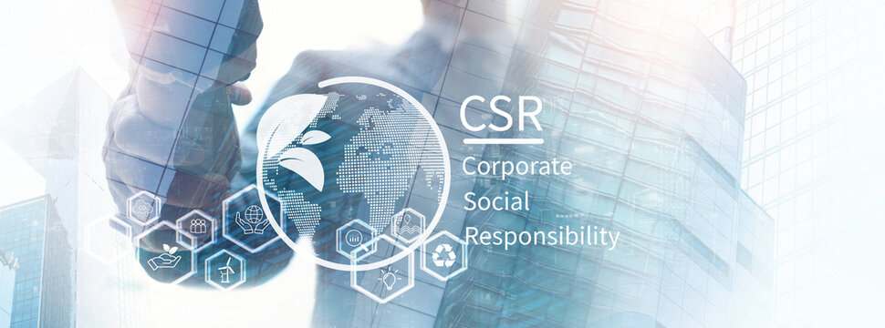 CSR, Corporate social Responsibility concept. Businessman hands shaking with global ecology, responsive business organization, environmental, sustainable and ethical business