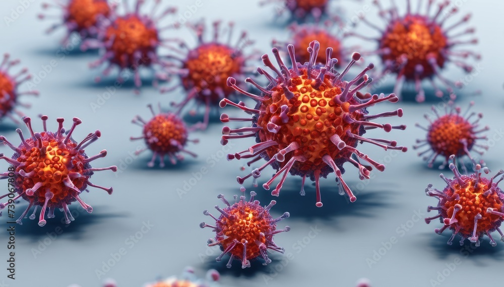 Poster viral particles in a 3d rendering, illustrating the complexity of their structure
