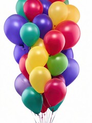 Purple, yellow and other balloons on a white background, positive mood, vertical arrangement