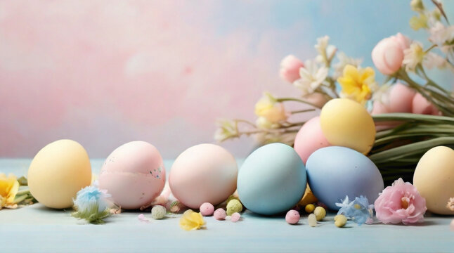 Easter background with text copy space in the middle with colorful golden lining  embedded on the eggs background view 