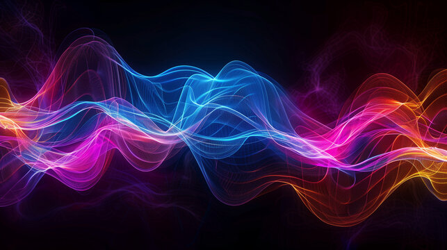High definition digital art, Vibrant sound waves emanating from a central point, Dark background with neon colors, Emphasizing energy and rhythm