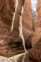 The extraordinary beauty of the high mountains on the both sides of the shallow stream in the gorge Wadi Al Ghuwayr or An Nakhil and wadi Al Dathneh near Amman in Jordan