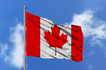 Canada flag fluttering in the wind on sky.