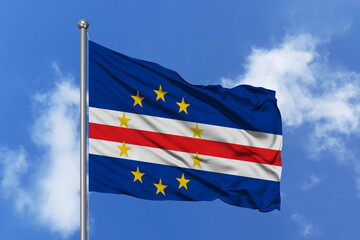 Cape Verde Islands flag fluttering in the wind on sky.