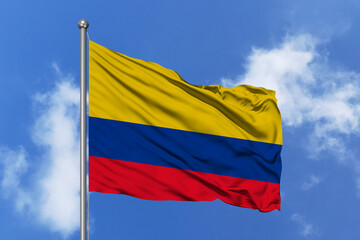 Colombia flag fluttering in the wind on sky.