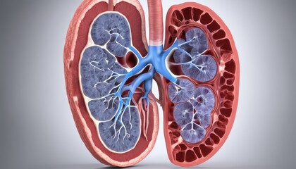  Anatomical 3D rendering of a human kidney with detailed vasculature