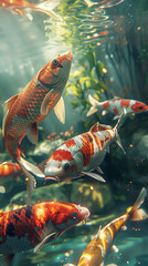 Close-up of vibrant koi fish in crystal clear water, Side view, Natural sunlight filtering through water