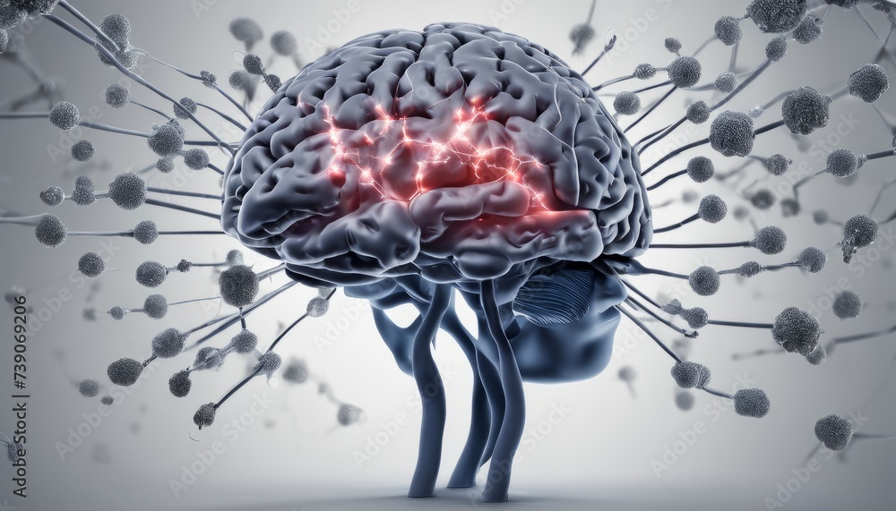Poster neural network with glowing red synapses, illustrating brain activity and connectivity