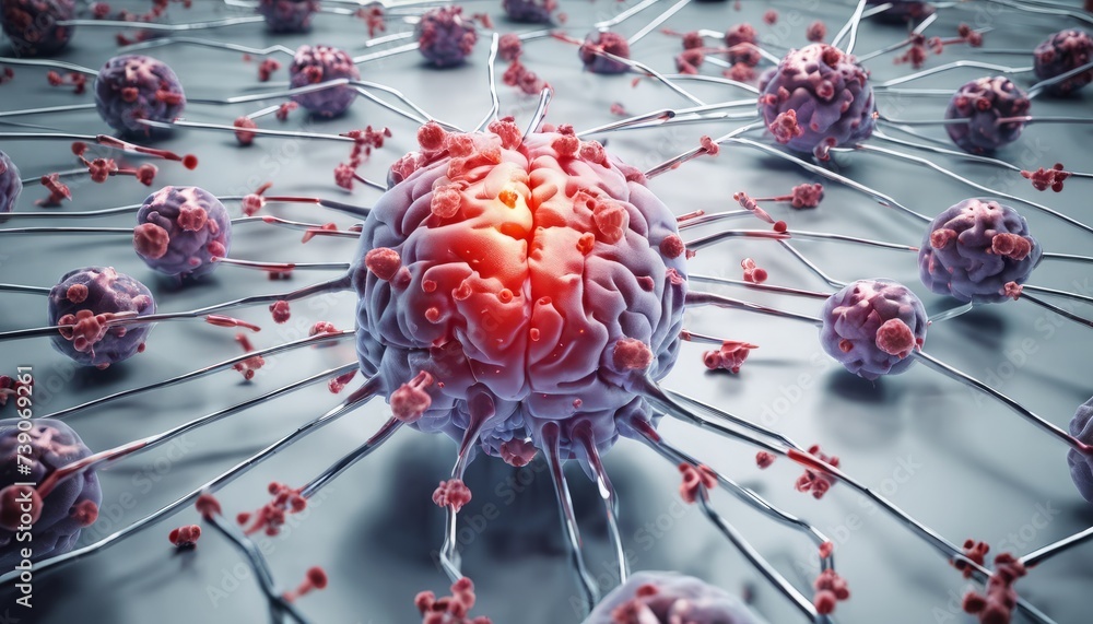 Poster neurological research in progress - a microscopic view of brain cells and synapses