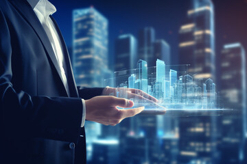 Hologram modern buildings on businessman hands