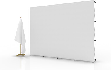 Event Wall Banner Display Wall with hanging country flag on the side, Indoor. Transparent background and Shadows