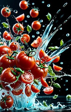salat with tomatoes, splash water, flashing particles , depth of field, clean background, 