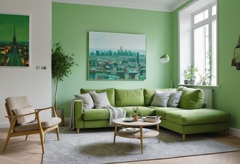 A luxurious living room with a green sofa and decor, light green walls, decor in a greenish color