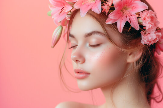 Beautiful girl with lily flowers on her head on pink background