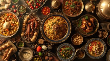 Obraz premium Iftar feast backdrop featuring traditional Arabic cuisine