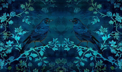 moroccan inspired Floral wallpaper with birds, dark blue and teal colors,  watercolor illustration 