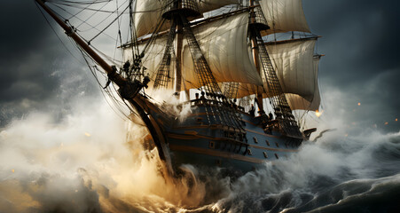 a tall sailing ship on rough ocean with dark cloudy skies