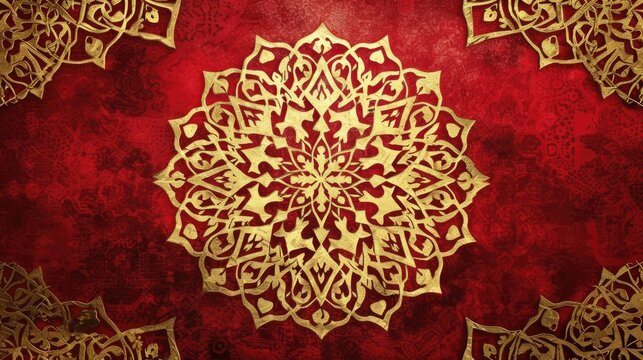 intricate Islamic geometric pattern in radiant gold on a rich crimson background.