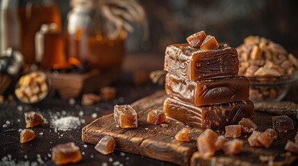 Indulge in the divine allure of salted caramel. Let the perfect balance of sweet and savory dance on your taste buds, creating a symphony of flavor that lingers in every blissful moment.  - obrazy, fototapety, plakaty