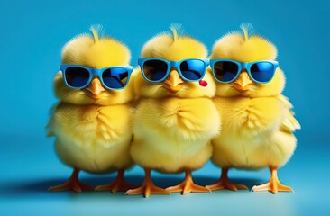 three yellow chicks with blue sunglasses bang, studio blue background. easter concept 