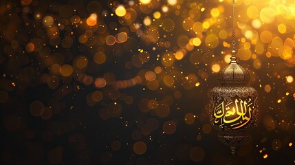 Bokeh gold lights background with Ramadan greeting written in both English and Arabic - obrazy, fototapety, plakaty