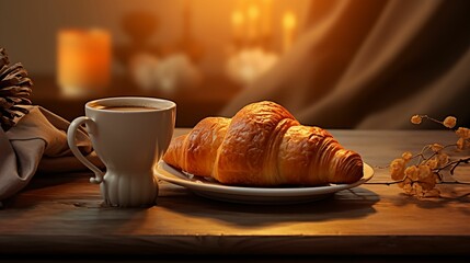 Image of cup of aromatic coffee with a freshly baked croissant.