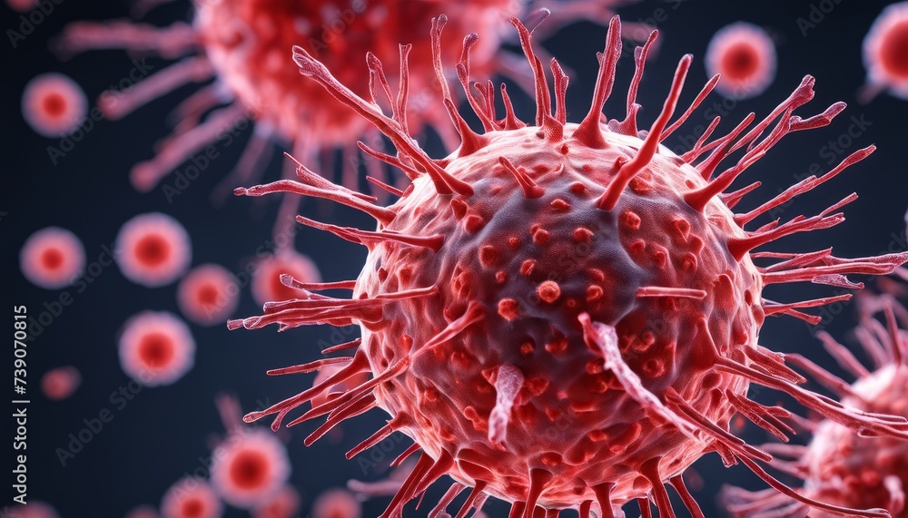 Poster viral particles in a microscopic view, illustrating the complexity of their structure